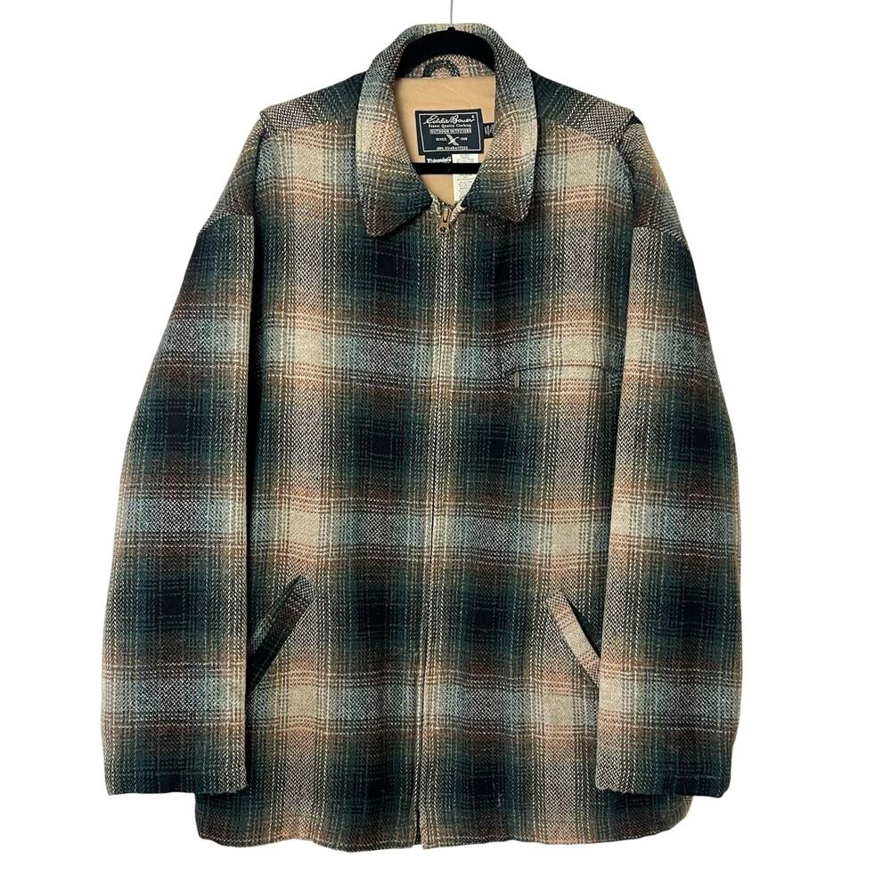 Vintage Eddie Bauer Wool Plaid Coat Jacket Thinsulate Zip Front Brown Green XL